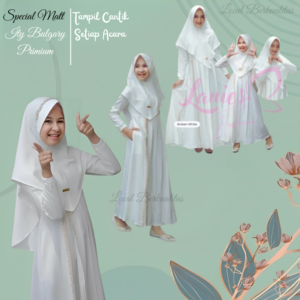 GAMIS COUPLE IBU DAN ANAK PLUS HIJAB BAJU LEBARAN GAMIS SERIMBIT ANAK REMAJA, DAN DEWASA WARNA PUTIH