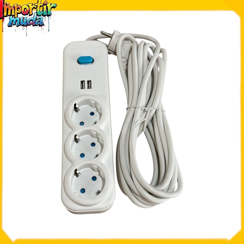 Shukaku premium stop kontak kabel + saklar + 2 Colokan Usb 3 lubang 5 meter Tembaga Murni SKU 8153 K