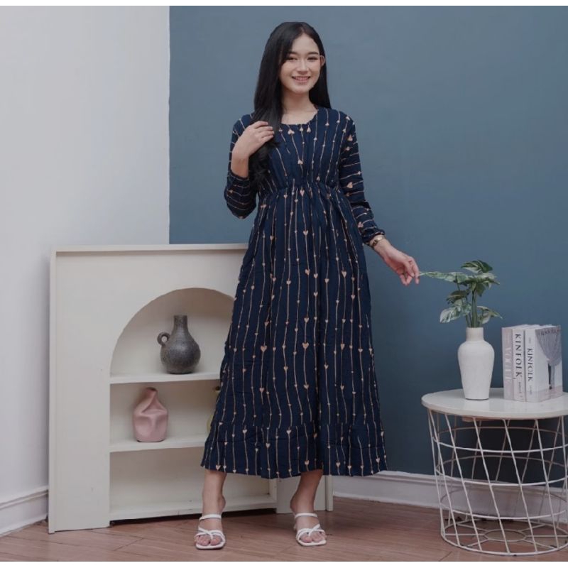 Daster Midi Dress Lengan Panjang Kekinian Kerut Dada Busui Rayon Premium