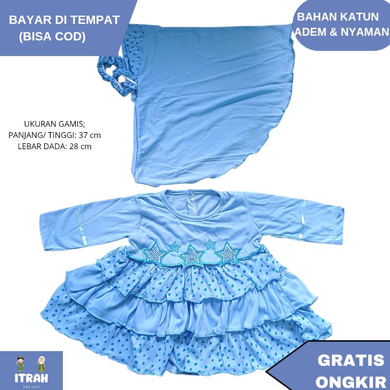 Gamis Bayi Set Jilbab  Umur 1-2 Tahunan Gamis Bayi Anak Perempuan Motif Bintang