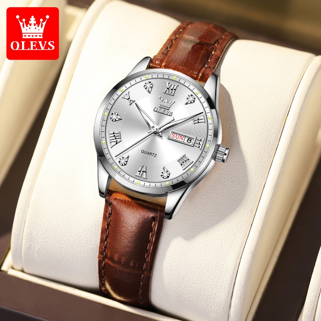 Olevs Jam Tangan Kulit Wanita Elegan Cewek Anti Air Strap Jam Tangan Arloji Wanita Analog Perempuan