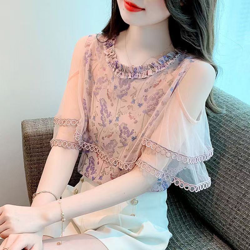 Blus Sifon Motif Bunga, Atasan Wanita Perca Lipit Bahu Dingin Motif Bunga