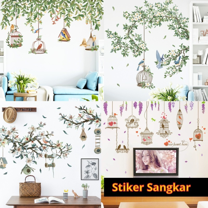 WALLSTICKER STIKER SETIKER TEMPELAN DINDING SANGKAR BURUNG DAUN JUNTAI GANTUNGAN CAFE DEKORASI RUMAH