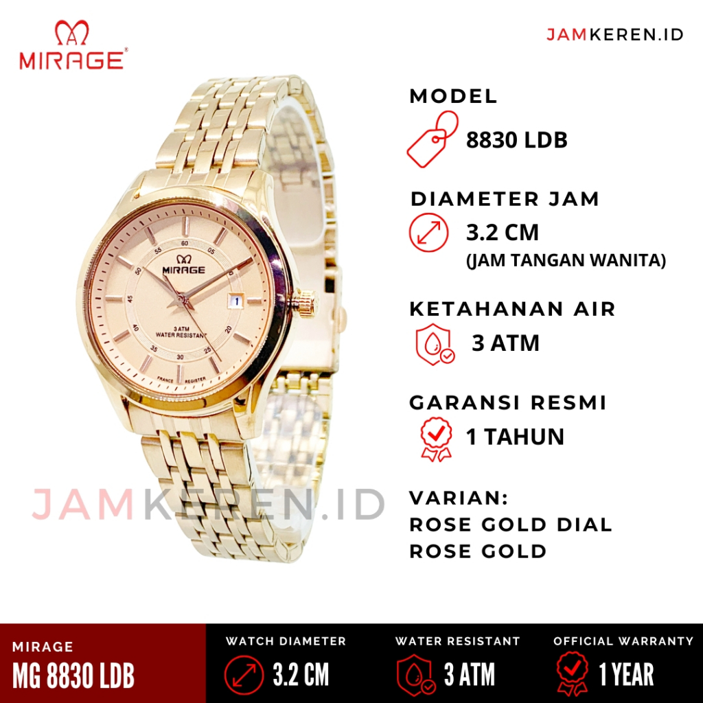 Mirage - Jam Wanita Elegan Mewah - Jam Tangan Mirage Wanita - Jam Mirage 8830 LD Original 100%