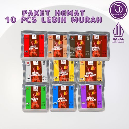 

Paket Sambal Sachet Full Topping 10, Sambal Baby Cumi, Paru, cakalang, pete, Ati - Sachet 20gr