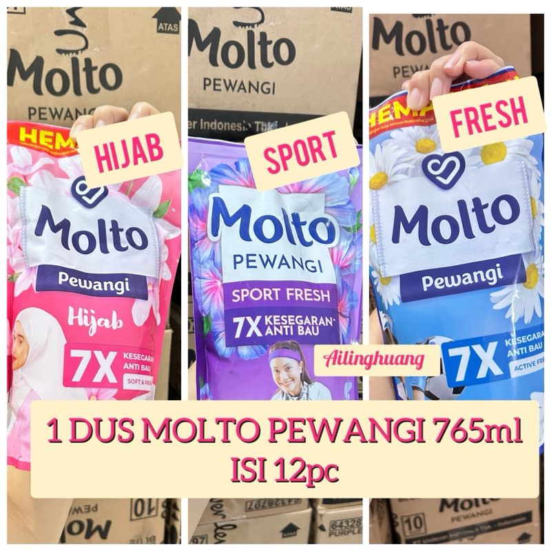 1 DUS MOLTO PEWANGI isi 12pc / 1 DUS MOLTO PEWANGI HIJAB 765ml 12pc / 12pc MOLTO PEWANGI SPORT 765ml
