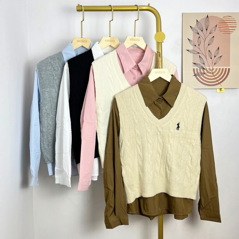 Haisista - Kemeja + Vest Knit PoL0 / Baju Set Atasan Wanita Katun Rajut / Shirt