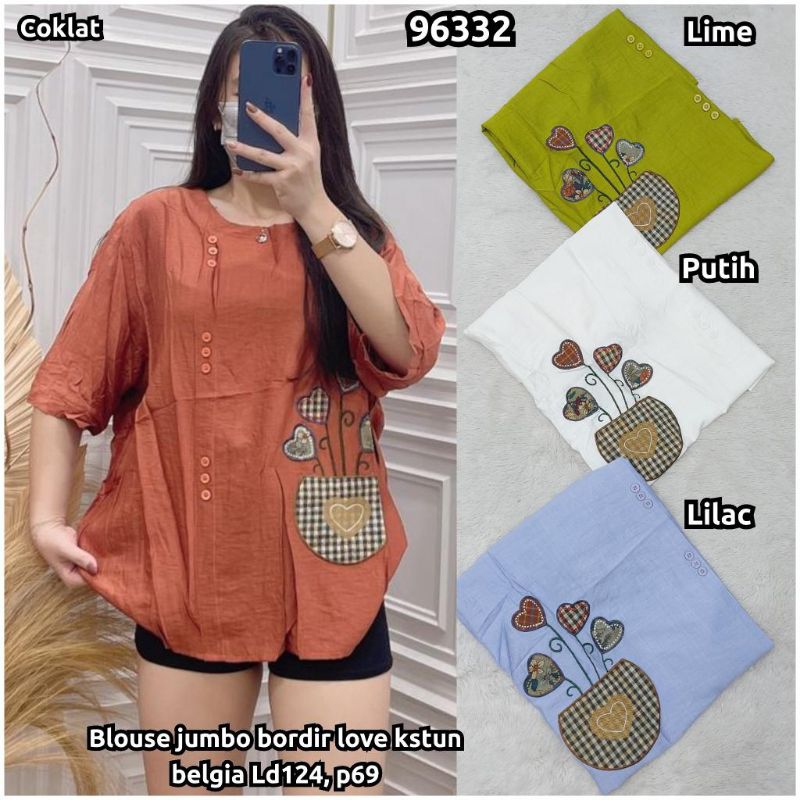PW 96332 Blouse jumbo bigsize bordir love katun belgia import