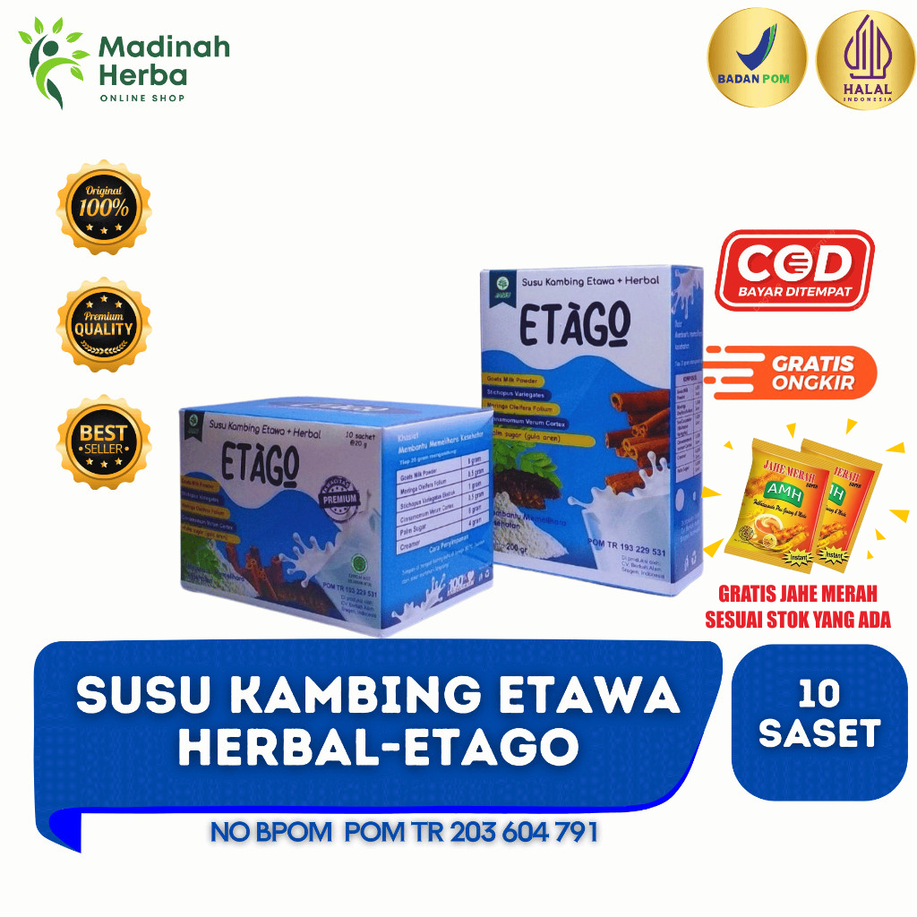 

ETAGO SACHET SUSU KAMBING ETAWA PLUS HERBAL MENCEGAH PENYAKIT JANTUNG / 200 GRAM FREE JAHE