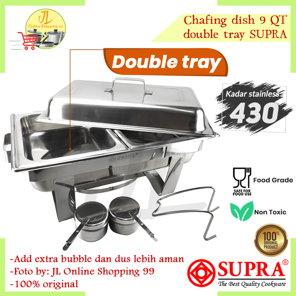 SUPRA Prasmanan segi stainless 2  wadah 9QT / chafing dish double tray / casserole warmer