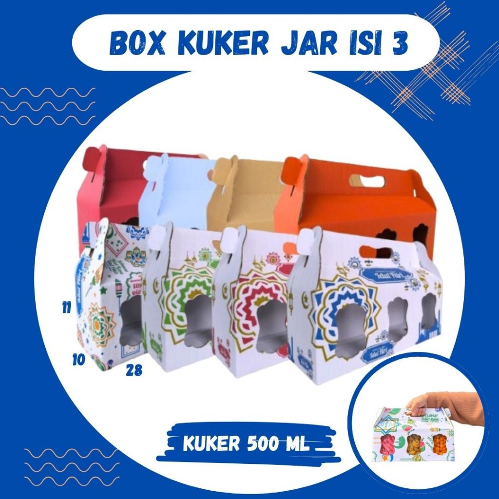 

Box Kue Kering 28x10x11 Jinjing (KUKER TOPLES JAR 500ml ISI 3) Box Jinjing Kardus Lebaran Idul Fitri Hampers Polos/Motif