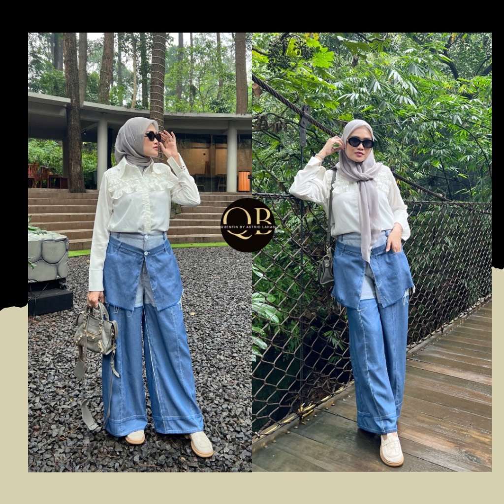 QB Assymetric Denim Trouser/ Fashion Wanita High Waist Pants/Celana Jeans wanita Bisa Request Size