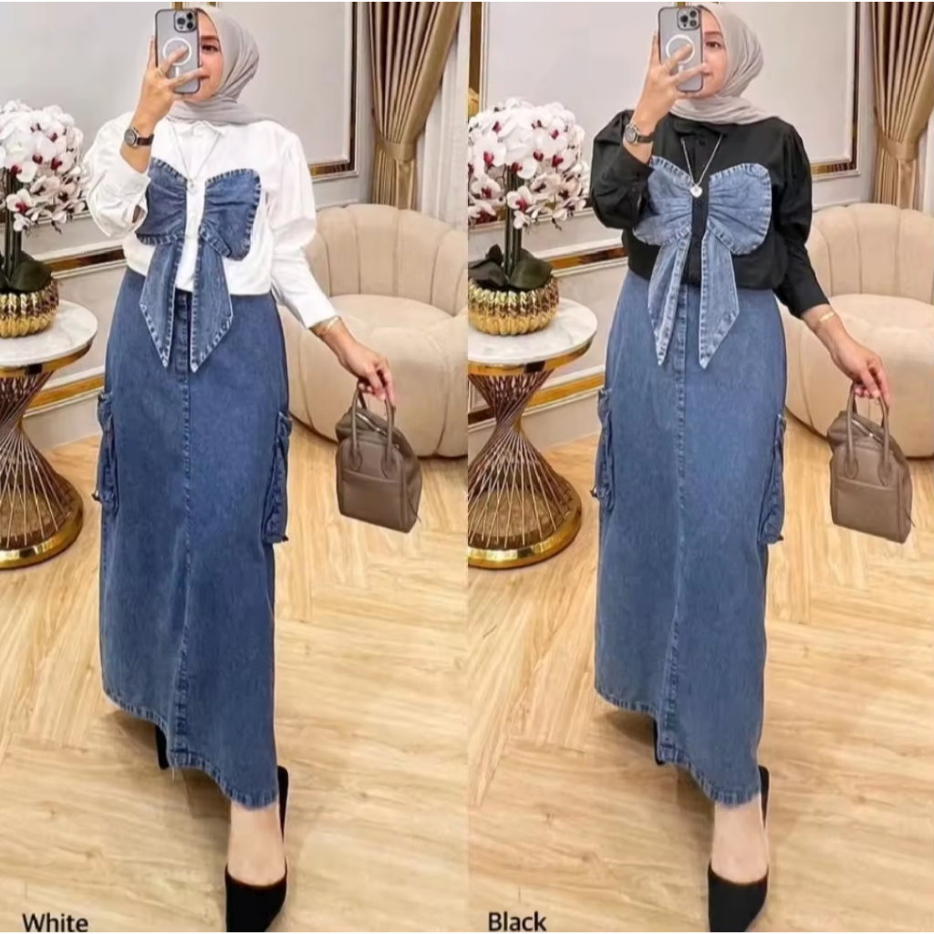Ribon set Jeans setelan rok dan Kemeja Blouse Hitam Putih Terbaru