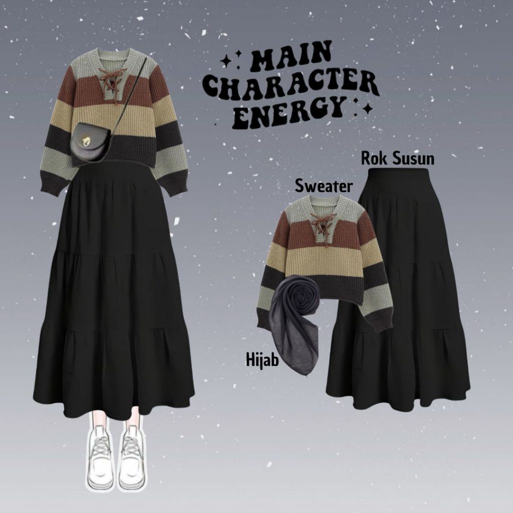 Outfit Wanita Hijab ( Sweater + Rok Susun + Hijab ) OOTD Korean Style Casual Kekinian