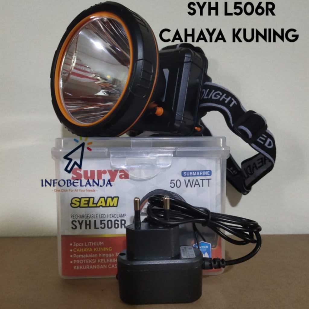 Senter Kepala Surya LED SYH-L506R 50Watt Cahaya Kuning Rechargeable Garansi Resmi Original