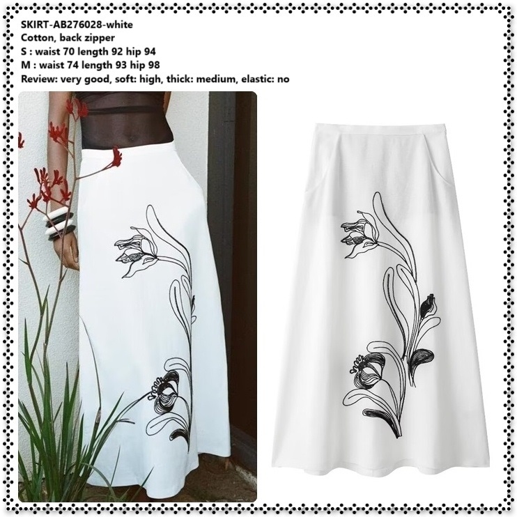 AB276028 Rok Panjang Maxi Skirt Pesta Bordir Bunga A Line Lebar Wanita Korea Import Hitam Putih Blac