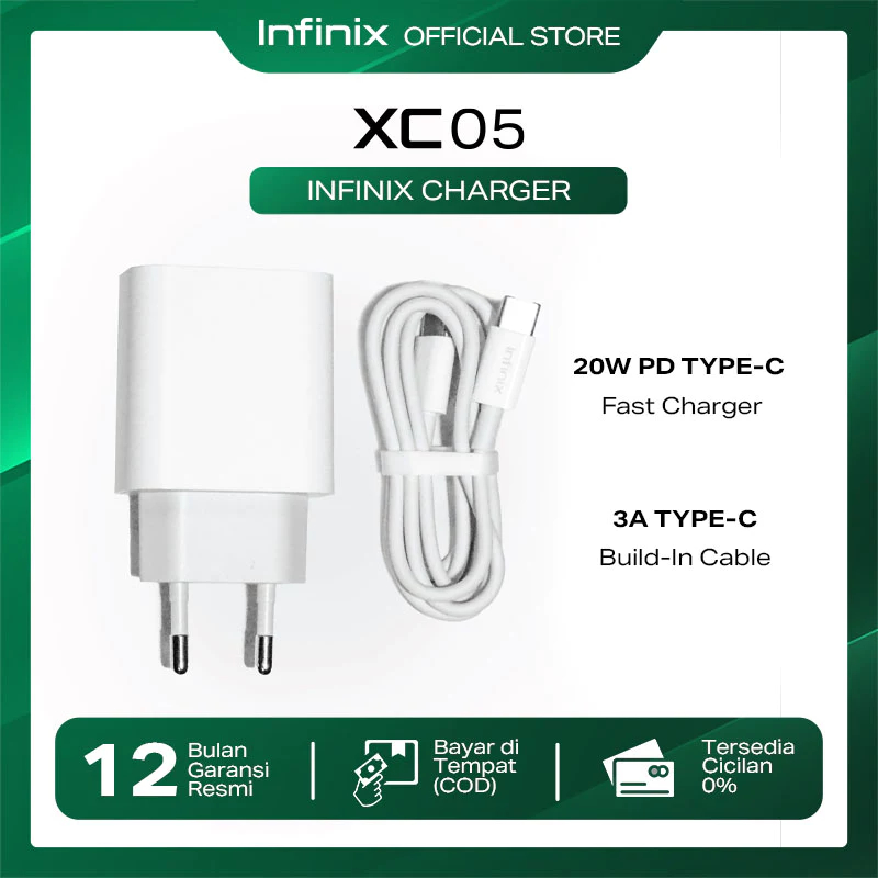 Infinix XC05 Charger Kit - 20W Fast Charging Adaptor with 3A Type-C to C Cable