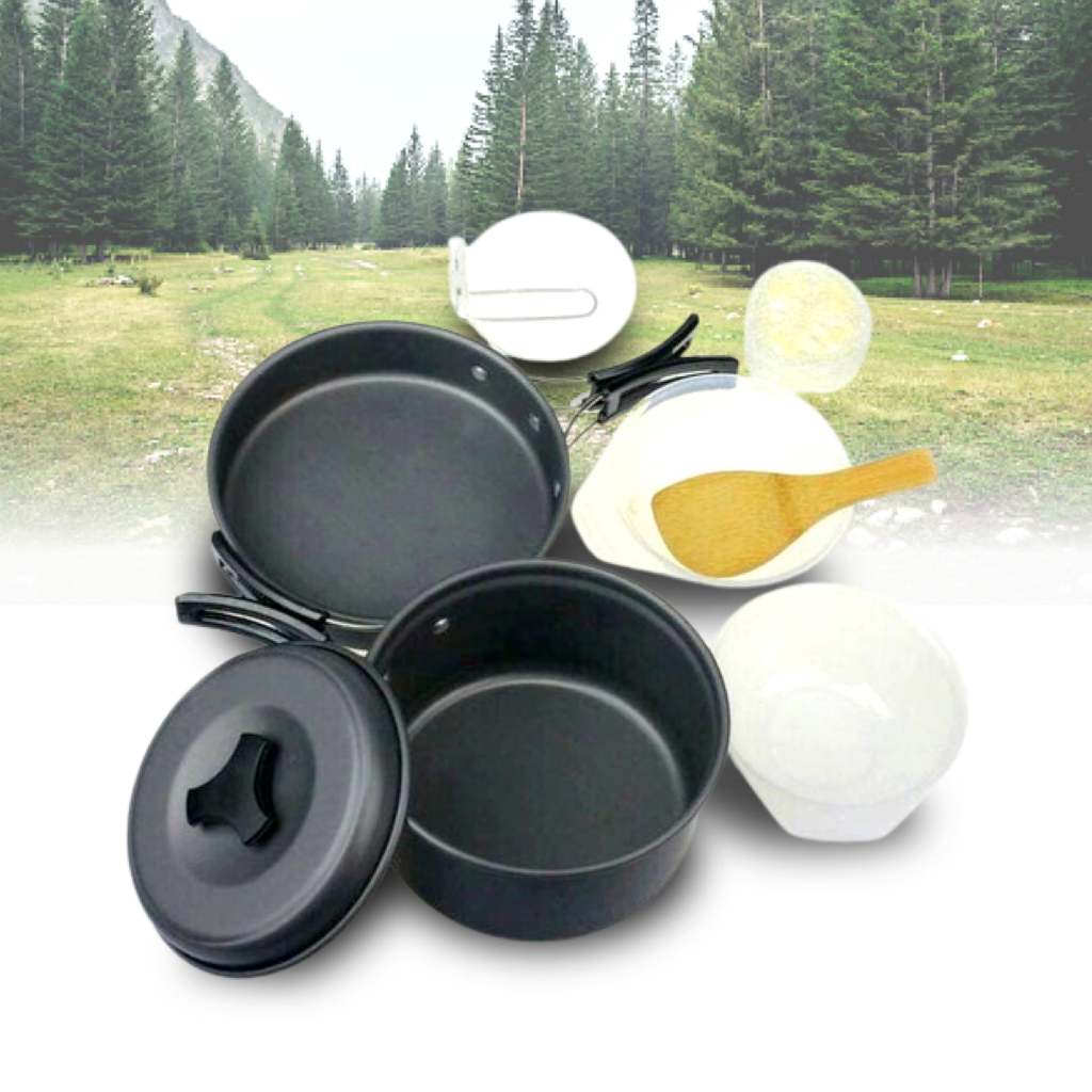 OASE Set Panci Alat Masak Outdoor Camping Cooking Set Aluminium 7in1 - WH-200/Nesting 2 orang/Nestin