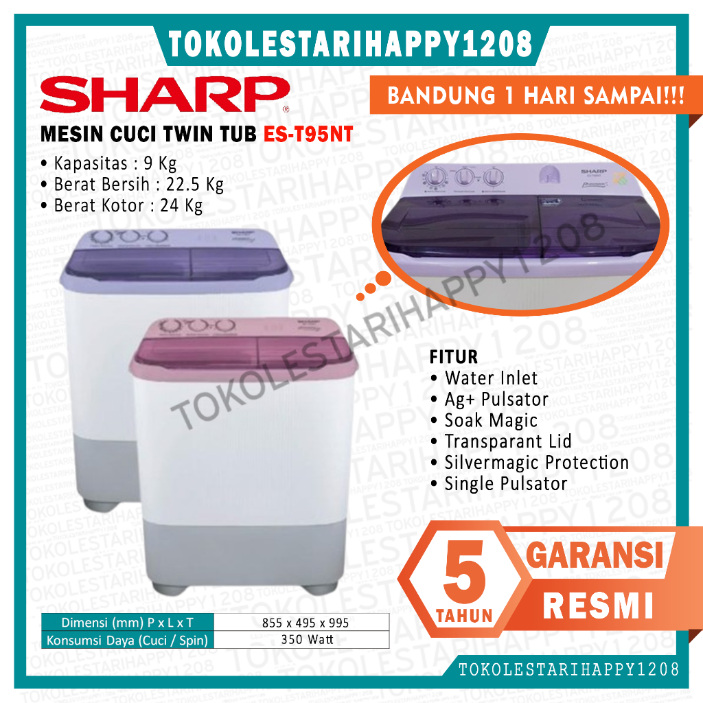Mesin Cuci 2 Tabung Sharp 9 Kg ES-T95NT PK/LC Garansi Resmi Murah