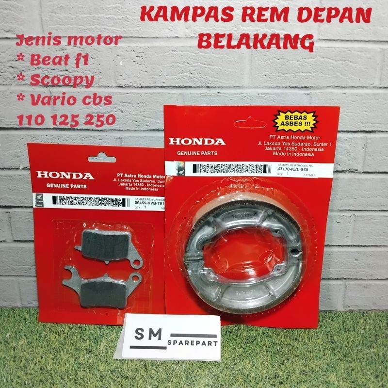 kampas rem belakang tromol dan dispad cakram depan homda vario cbs 110 125 150 beat f1 esp street sc