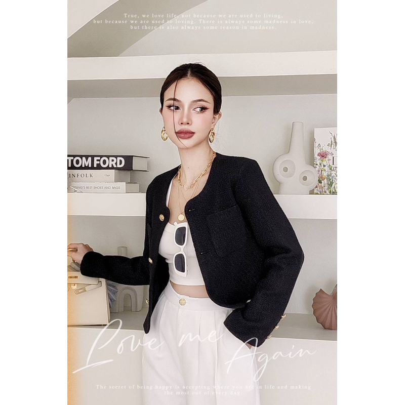 Moon Blazer Tweed | Korean Crop Long Sleeve Blazer Premium | Cotton Candy Import Bangkok | Gold Bott