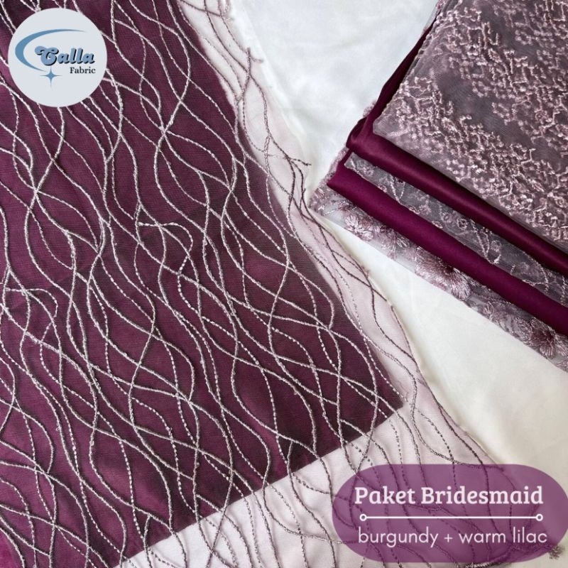 Paket Lengkap Kain Bridesmaid / Kain Satin Velvet Burgundy + Brukat Tile Warm Lilac