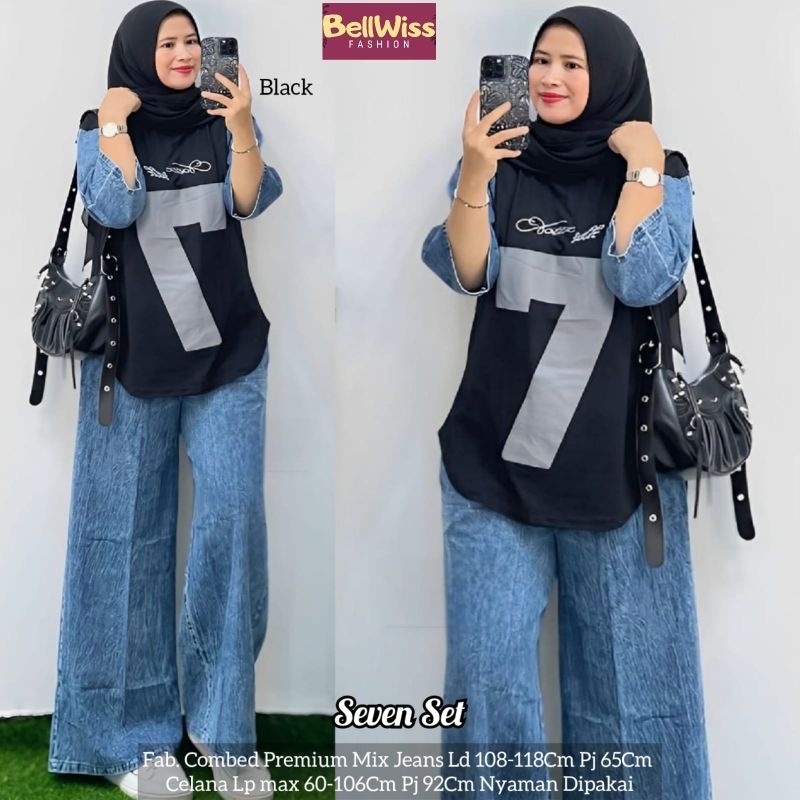 Seven set Febri set by bellwiss pakaian setelan wanita LD 110 cm bahan combed mix jeans