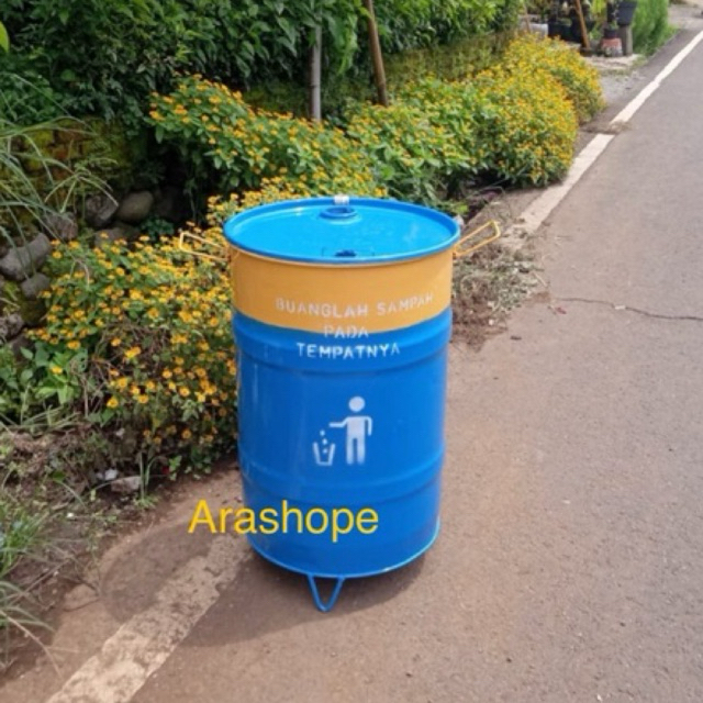 tong sampah besi 60 liter/drum besi tutup lebar/ember besar/pail/tempat bakar sampah/pot bunga/pot t