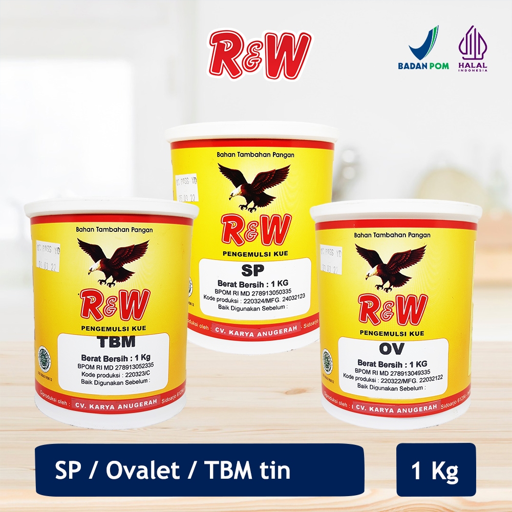 

Emulsifier SP Ovalet TBM Pengemulsi Pelembut Pengembang Kue Roti Rajawali R&W RW 1 Kg Tin