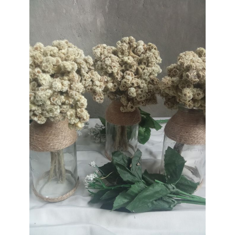 hiasan rumah / hiasan meja / hiasan kamar / bunga edelweis + vase bunga