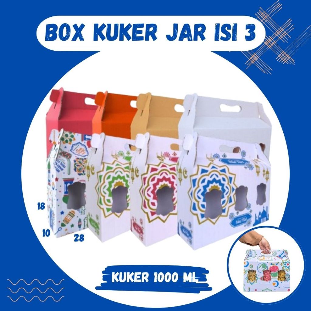 

Box Kuker 28x10x18 Jinjing (KUKER TOPLES JAR 1000ml Isi 3) Kardus Kue Kering / Idul Fitri /Hampers / Lebaran / Gable Box Polos/Motif