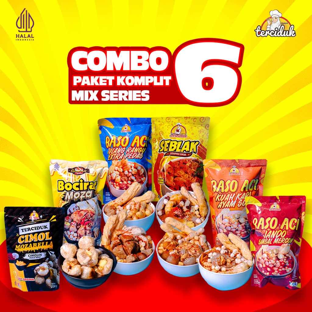 

Paket Komplit Combo 6 Bungkus Terciduk Food - Mix Series Lebih Hemat [Baso Aci Jando Mercon + Baso Aci Kari Ayam + Baso Aci Tulang Rangu + Seblak Kuah Cikur + Cimol Mozarella + Bocirat Mozarella]