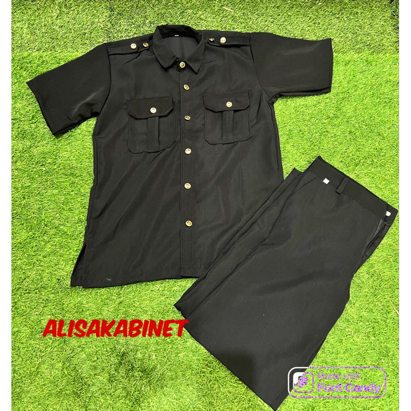 Baju Safari Lengan Pendek Hitam Kancing Emas