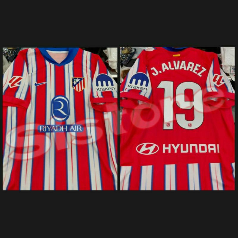 Jersey AtletikoO_ MadridD_ Home 2024 / 2025 + Cetak nama Nameset J. ALVAREZ 19 / Custom + Patch