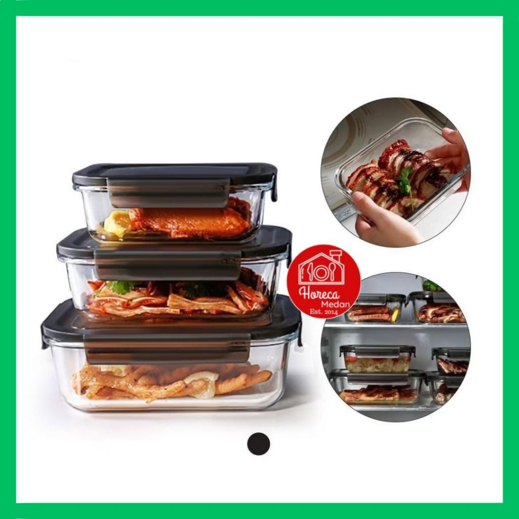 Lunch Box Kaca Oven Microwavable / glass Food Container Wadah kedap udara tutup plastik bulat segi