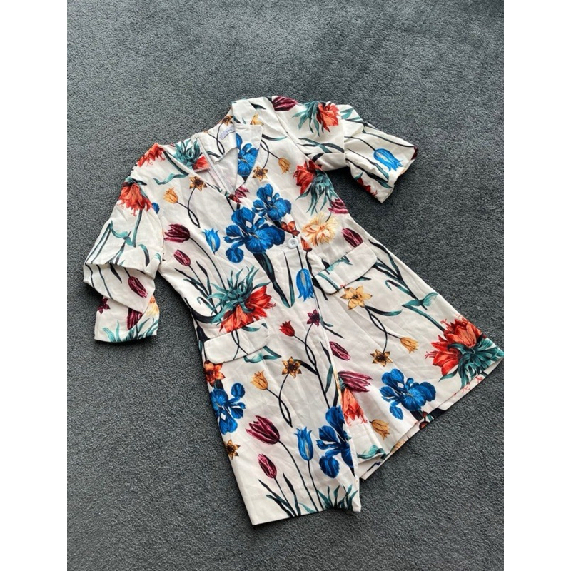 Dress Jumpsuit Floral putih bunga semi blazer