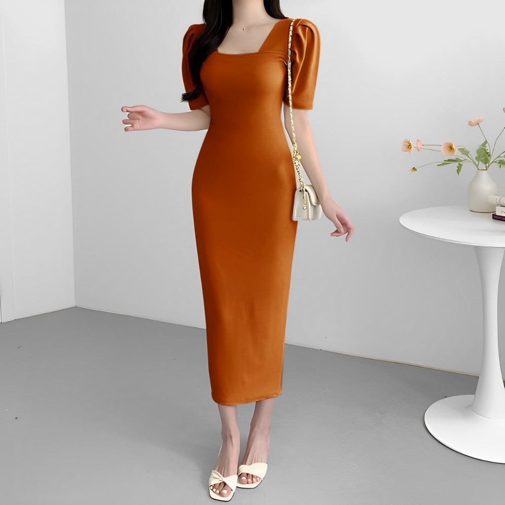 Dress Rajut Casual Bodycon Long Dress Square neck Lengan Pendek #4402