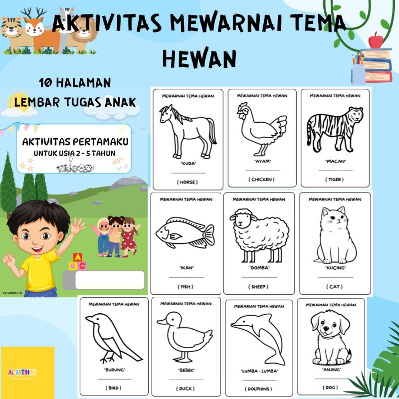 10 HALAMAN WORKSHEET MEWARNAI TEMA HEWAN LEMBAR TUGAS ANAK USIA 2 3 4 5 TAHUN