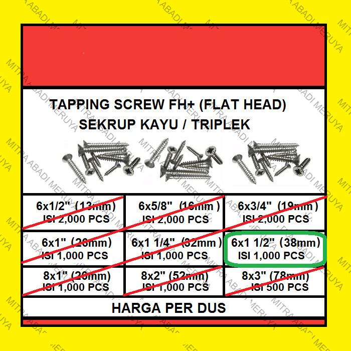 Sekrup Kayu Sekrup Tapping Screw FH 6 x 1 1/2" (38 mm) 1 DUS
