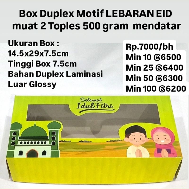 

Box Duplex Motif LEBARAN EID muat 2 Toples 500 gram (toples 14cm) mendatar