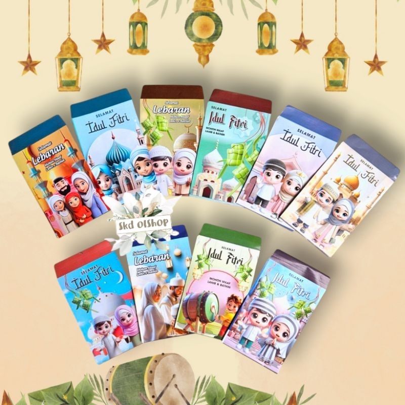 

100 lembar Amplop lebaran Angpao lebaran kartun muslim DF2 ukuran medium mix gambar