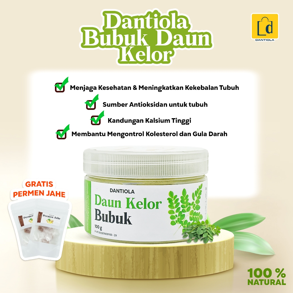 

Dantiola Daun Kelor Bubuk / Moringa Bubuk Kemasan 100 Gram Gratis Permen Jahe