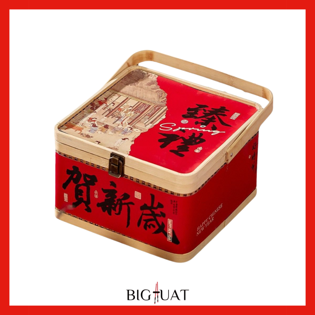 

[bighuat] Kotak Hampers Bambu Box Rotan Kaligrafi Imlek CNY Keranjang Anyaman Pegangan Kayu Chinese