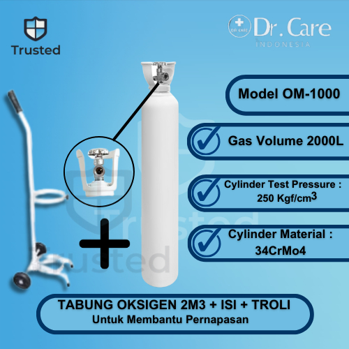 Tabung Oksigen 2M3 Isi Penuh + Troli Komplit Alat Medis Terapi Pernapasan Praktis Aman