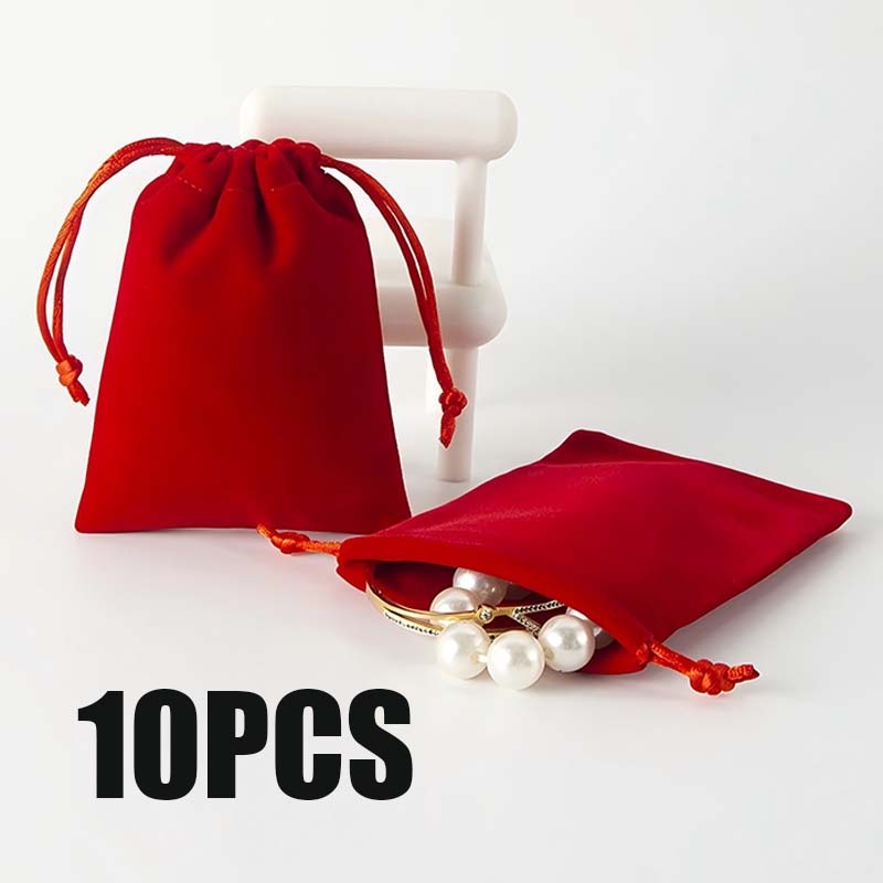 10pcs Tas Serut Beludru Jewelry Pouch Tas Serut Merah Pouch Perhiasan Kecil Pouch Koin Serut Drawstr