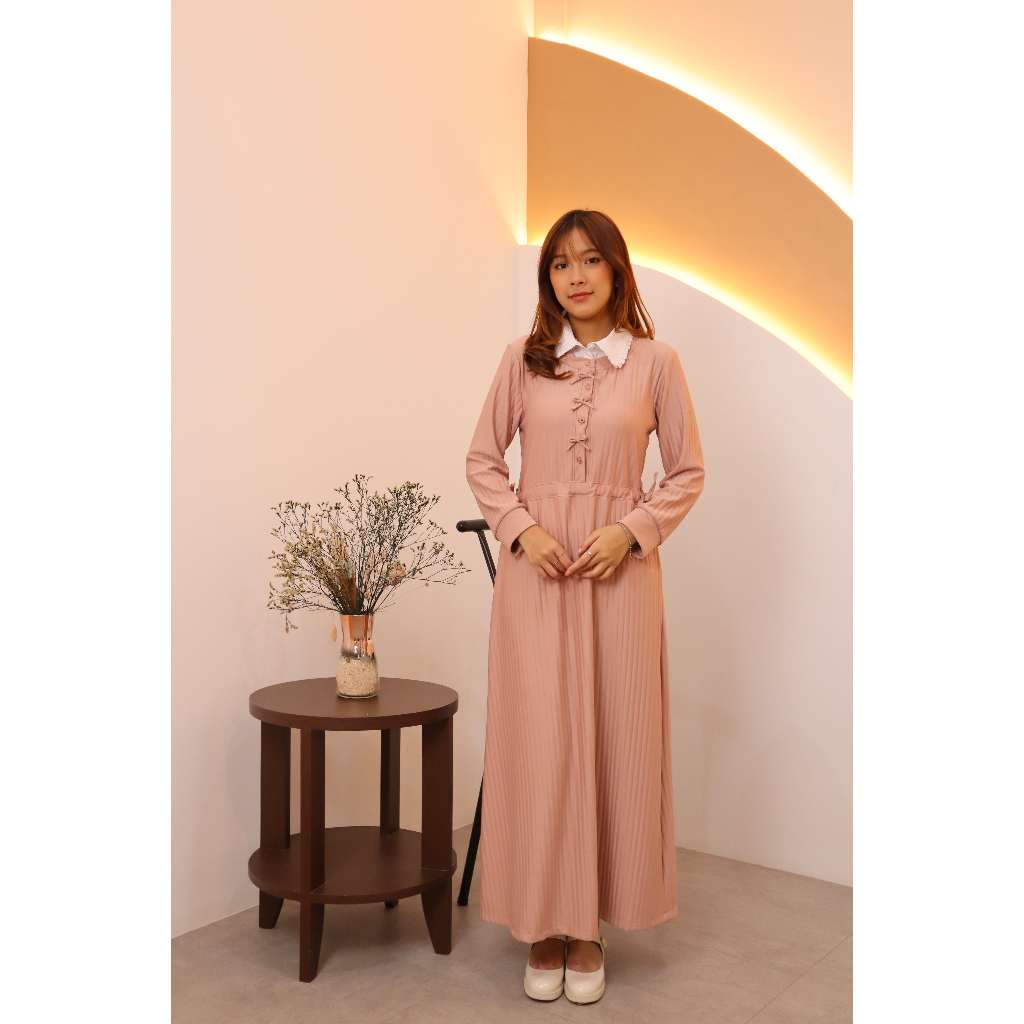 Missty Freeteen Gamis Dress Wanita Warna Pink Kerah Putih Motif Garis Bahan Katun Kualitas Premium B