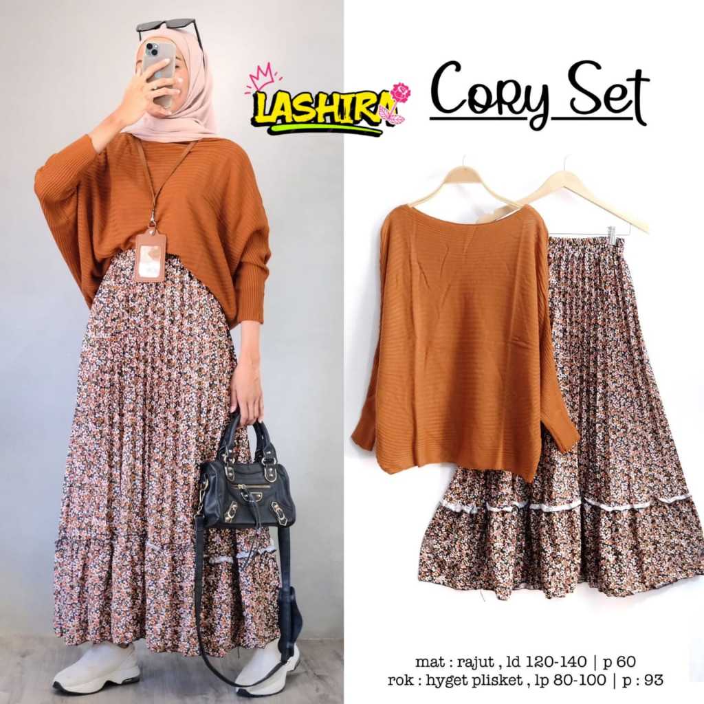 Cory baju setelan one set rok blouse kaos rajut wanita muslim jumbo ld 140 premium kekinian terbaru