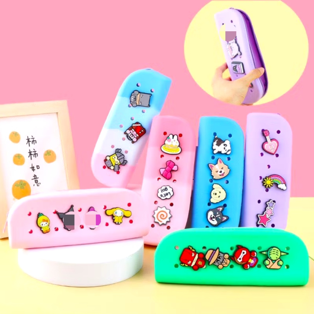 

AB47 Tempat Pensil Anak Silikon Jibbitz Kartun Tempat Pensil Silikon Jibbitz Croc Kotak Pensil Anak Lucu DIY