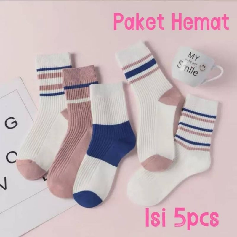 SOCK-03 5pasang kaos kaki wanita warna putih soft pink warni garis biru nyaman dan lembut dipakai se