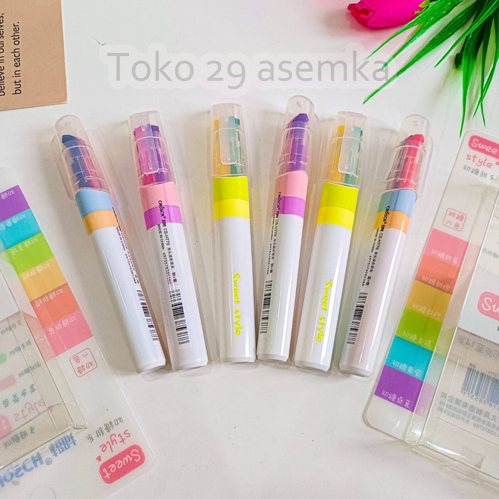 

HIGHLIGHTER SWEET STYLE 2 WARNA (1 BOX ISI 3 PCS) CS-H779 ALAT TULIS UNIK IMUT MURAH SPIDOL WARNA